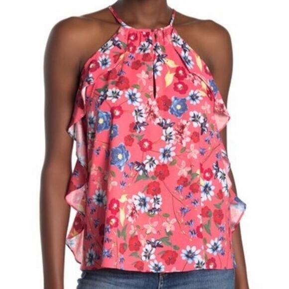 Parker Pink Floral Print Keyhole Ruffle Tank Top - M - Picture 11 of 13